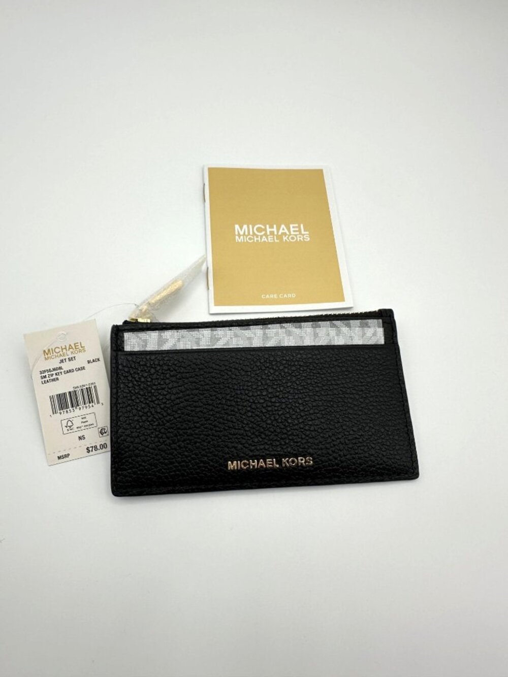 Michael Kors Jet Set Black Small Leather Zip Key Card Case NEW